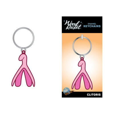 Pink enamel clitoris-shaped keychain with silver ring on Wood Rocket branded card backing.