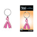 Pink enamel clitoris-shaped keychain with silver ring on Wood Rocket branded card backing.