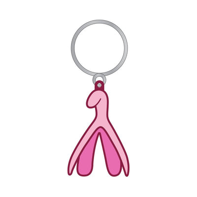 Pink enamel keychain shaped like a stylized clitoris with a silver key ring attachment.