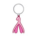 Pink enamel keychain shaped like a stylized clitoris with a silver key ring attachment.