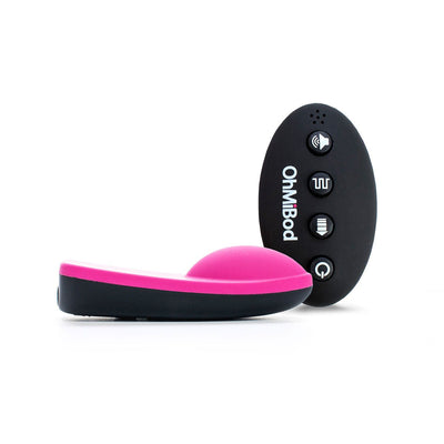 Pink and black OhMiBod Club Vibe 3.OH wireless remote control vibrator with oval remote on white background.