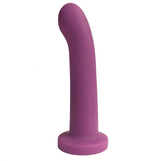 Violet silicone curved personal massager with firm base and smooth soft exterior.