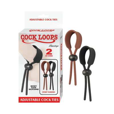 Adjustable brown and black silicone cock loops with push button beads next to product packaging showing usage and features.
