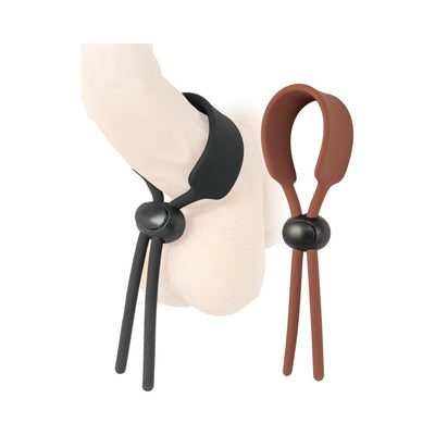 Adjustable silicone cock rings in brown and black with push button locking mechanism shown on a model and separately.