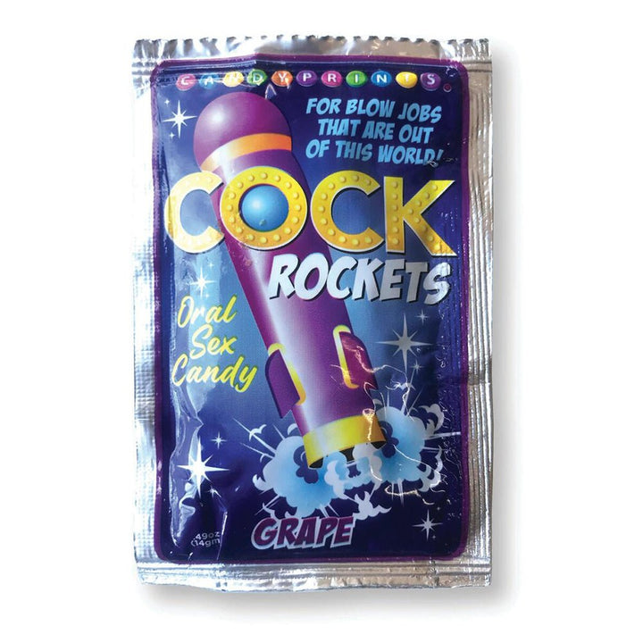Packet of Cock Rockets grape-flavored oral sex candy with colorful rocket design on purple background