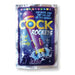 Packet of Cock Rockets grape-flavored oral sex candy with colorful rocket design on purple background