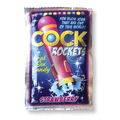 Cock Rockets Strawberry flavored oral sex candy in colorful packaging with playful rocket design and bold text.