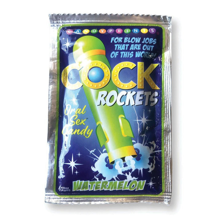 Packet of Cock Rockets Watermelon flavored oral sex candy with colorful rocket design on blue background