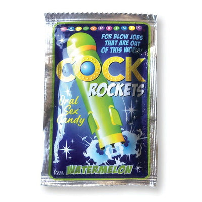 Packet of Cock Rockets Watermelon flavored oral sex candy with colorful rocket design on blue background