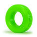 Bright green silicone cock ring with smooth texture and subtle embossed branding on a white background.