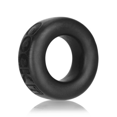 Black silicone cock ring with embossed logo, smooth texture, and rounded design for comfort and flexibility.