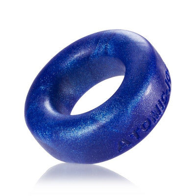 Blue glittery silicone cock ring with smooth rounded edges and subtle embossed branding.