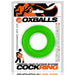Green silicone cock ring in clear retail packaging with OXBALLS branding and product details.