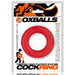 Red silicone cock ring in clear packaging with OXBALLS branding and product details on white background.