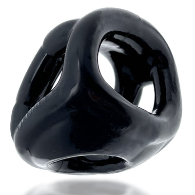Black flexible three-ring cock and ball sling made from stretchy Flextpr material with a smooth, glossy finish.