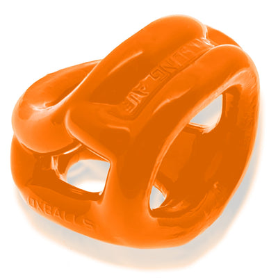 Orange flexible three-ring cock and ball sling made of stretchy Flextpr material with embossed branding.