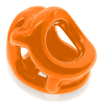 Orange flexible triple-ring cock and ball sling made from stretchy Flextpr material for comfortable fit and grip.