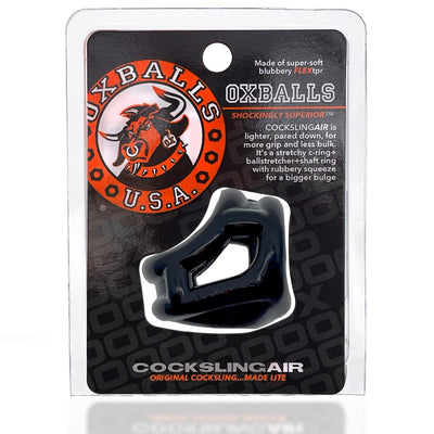 Oxballs Cocksling Air Flextpr in black flexible material displayed in branded packaging with product details.