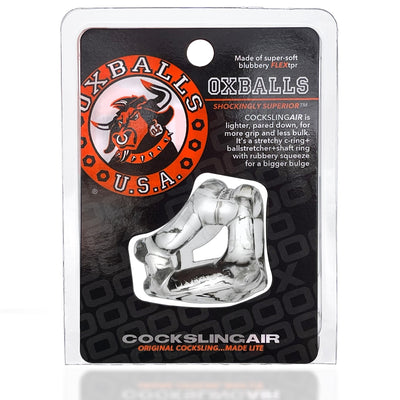 Oxballs Cocksling Air Flextpr in clear flexible material in branded black and orange packaging with product details.