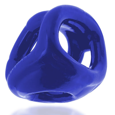 Blue flexible three-ring cock and ball sling made of stretchy Flextpr material for comfortable fit and support.