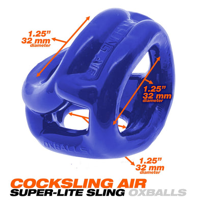 Blue Oxballs Cocksling Air Flextpr with labeled 1.25-inch diameter rings, showcasing its lightweight, stretchy design.