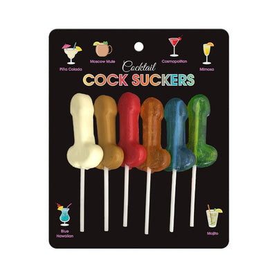 Pack of six colorful cocktail-flavored novelty lollipops in playful shapes with Piña Colada, Moscow Mule, and other flavors.