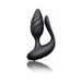 Black silicone dual-motor couples toy with contoured textured plug and flexible curved shaft on reflective surface.