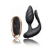 Black silicone dual stimulation couples toy with spiral texture and rose gold remote control on white background.