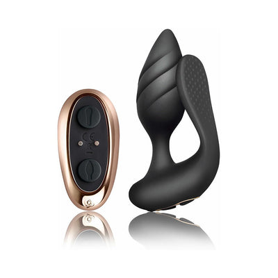 Black silicone couples toy with textured flexible arms and a rose gold remote control on a white background.