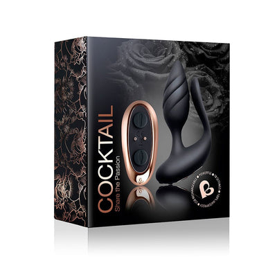 Cocktail Couples Toy packaging showing black dual-motor silicone vibrator with remote control and floral design accents.