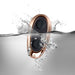 Rose gold and black waterproof remote control for couples toy submerged in water with bubbles.