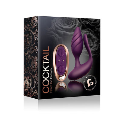 Cocktail Couples Toy in purple with remote control, shown on elegant black and rose gold packaging with floral design.