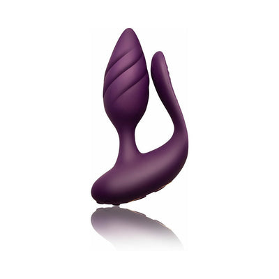 Purple dual-motor couples toy with contoured velvet silicone and flexible shaft for shared stimulation.