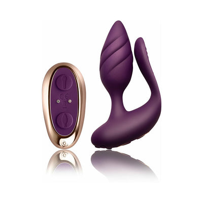 Purple dual-motor couples vibrator with textured plug and remote control, made from smooth silicone.