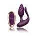 Purple dual-motor couples vibrator with textured plug and remote control, made from smooth silicone.