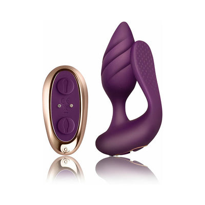 Purple dual-motor couples toy with textured flexible design and gold-accented remote control on white background.
