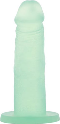 Mint green silicone adult toy with suction base, 5.5 inches long, textured for realistic feel.