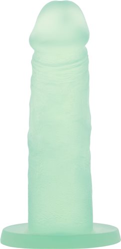Mint green silicone adult toy with suction base, 5.5 inches long, textured for realistic feel.