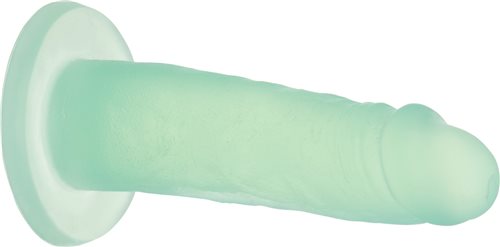 Mint green silicone dildo with suction base, 5.5 inches long, smooth texture, designed for versatile use.