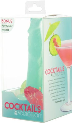 Addiction Cocktails Mint Mojito silicone adult toy with bonus PowerBullet in clear packaging with tropical cocktail design.