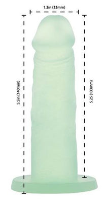 Mint green silicone adult toy with 5.5-inch length and 1.3-inch diameter, featuring a strong suction base.