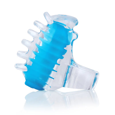 Blue and clear textured fingertip vibrator with stretchy ring for secure fit and targeted stimulation.