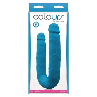 Blue double penetration silicone toy with realistic texture in retail packaging by Ns Novelties.