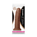 Brown dual density silicone dildo with firm core and soft outer layer in retail packaging.