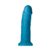 Blue realistic molded silicone dildo with a smooth satin finish and suction base.