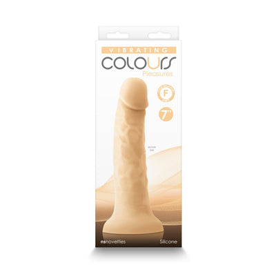 Packaging of Colours Pleasures 7-inch vibrating silicone dildo in a natural skin tone with realistic texture.