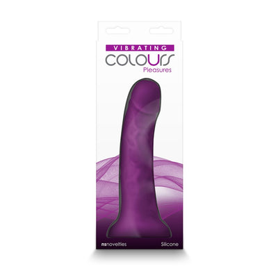 Purple silicone vibrating dong in branded Colours Pleasures packaging with a curved, realistic design.