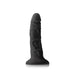 Black silicone dildo with realistic texture and suction base, standing upright on white background.