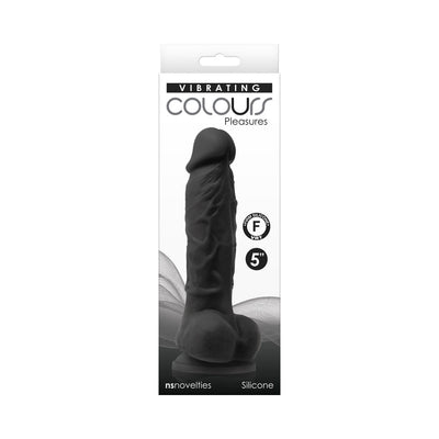 Black 5-inch vibrating dildo with realistic texture in white retail packaging by Colours Pleasures.