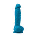 Blue realistic textured dildo with suction base standing upright on white background